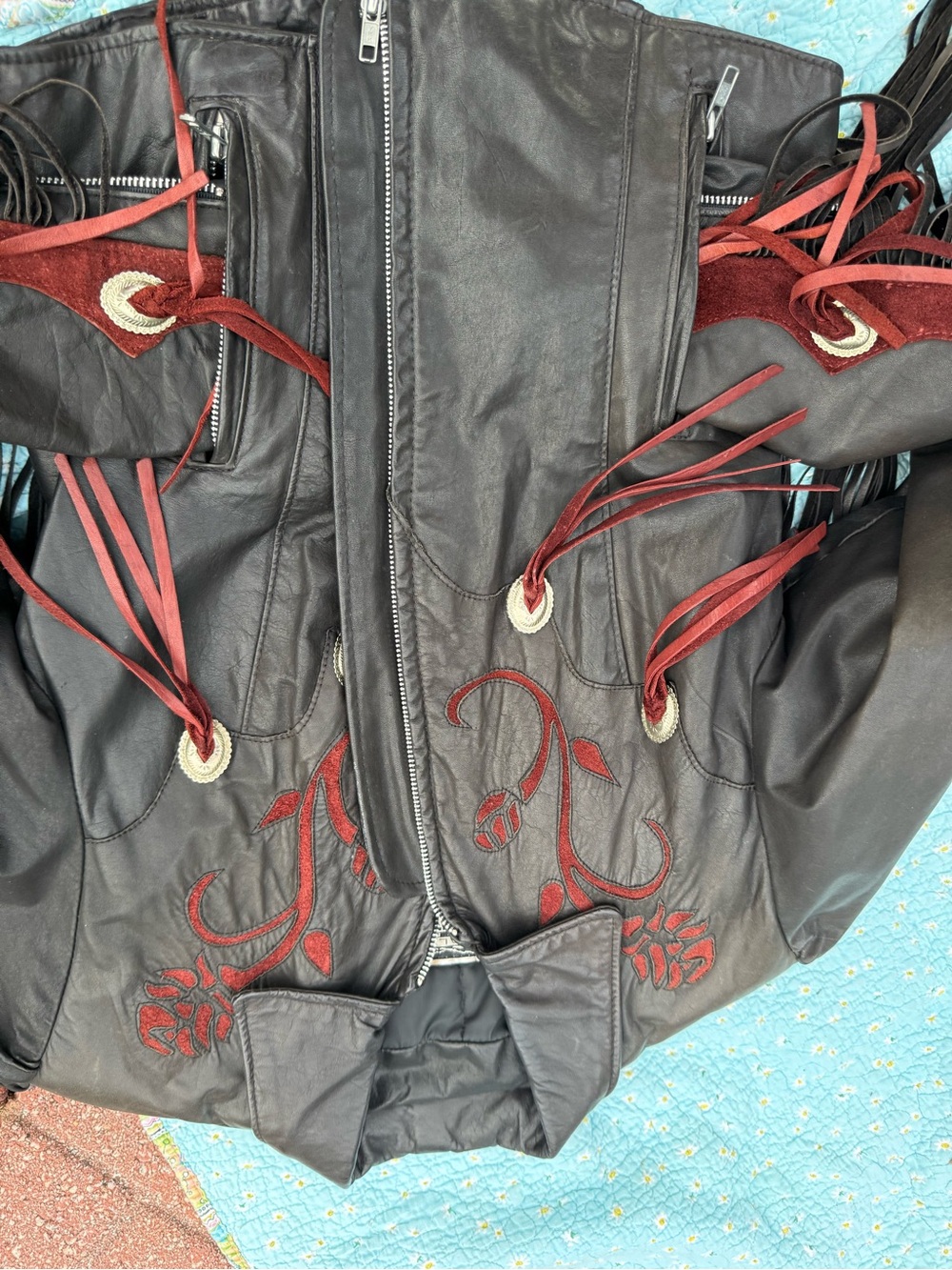Black Leather Bomber Jacket with Red Fringe & Embroidered Accents - Picture 11 of 11